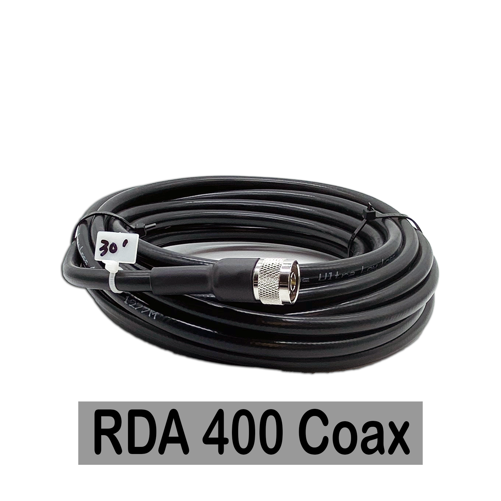 Coaxial cable labeled 'RDA 400 Coax' with a 30-foot white tag, coiled on a black background.