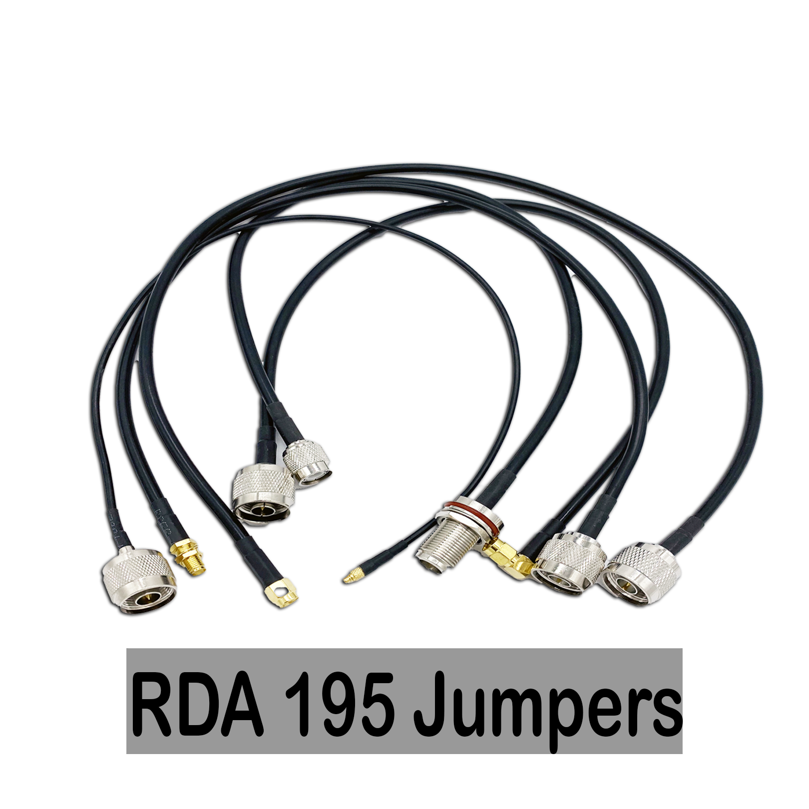 Set of assorted RF coaxial jumpers with various connectors, labeled RDA 195 Jumpers, on black background.