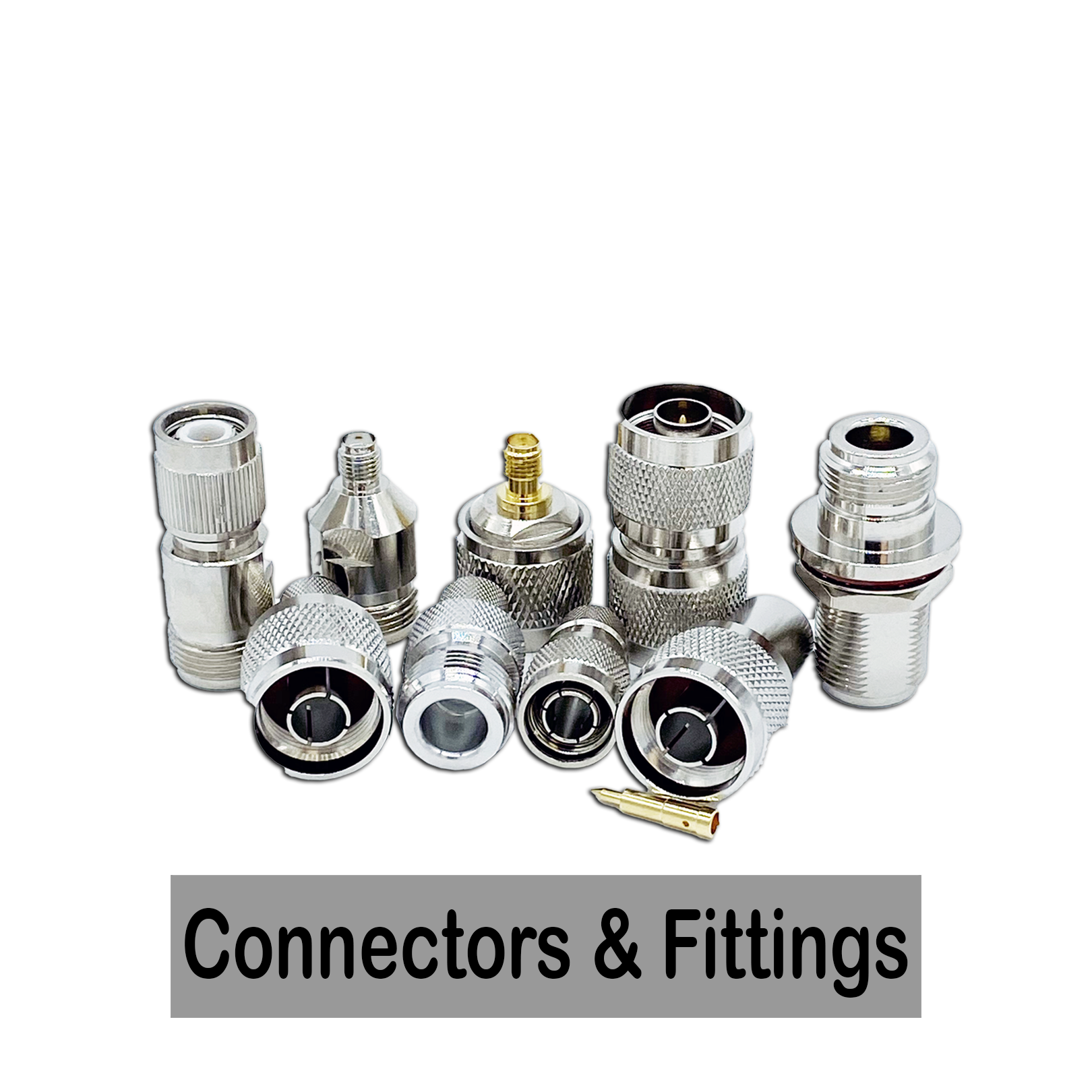 Collection of metal connectors and fittings for electronic or mechanical use, arranged on a black background with a label that reads 'Connectors & Fittings'.