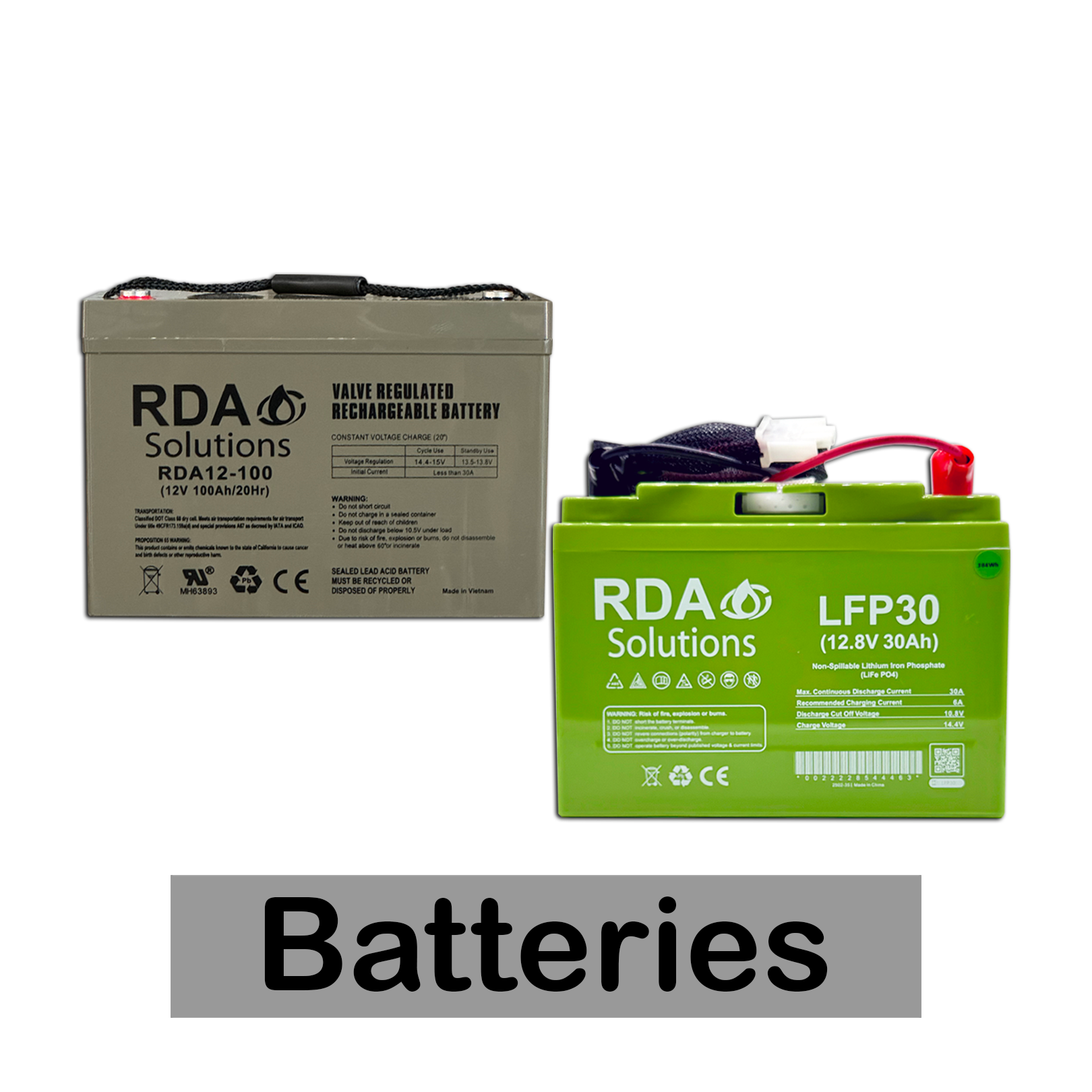 Two rechargeable batteries, one large gray valve-regulated lead-acid battery labeled 'RDA Solutions,' and another smaller green lithium iron phosphate battery labeled 'RDA Solutions LFP30,' against a black background with the word 'Batteries' written