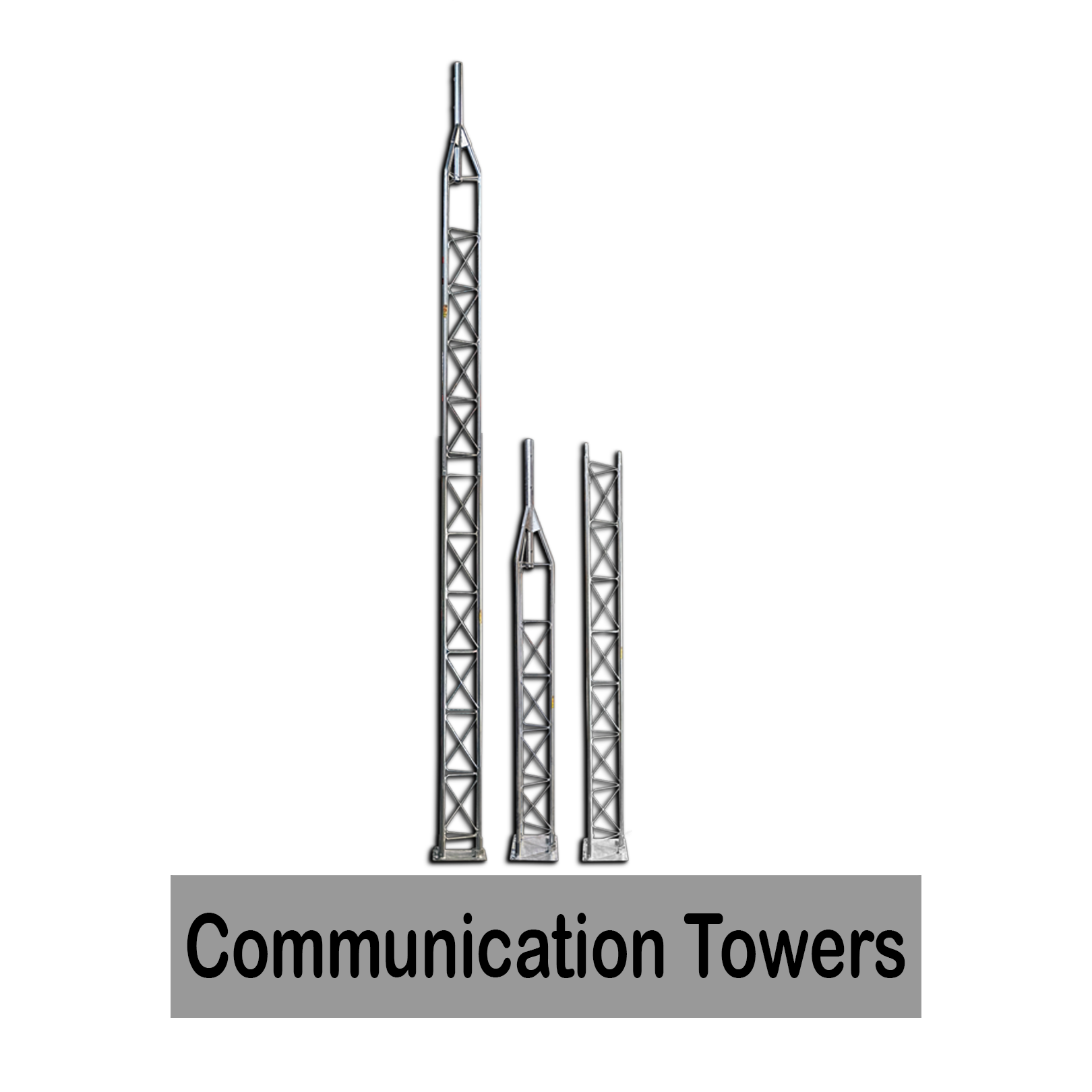 Three communication towers of varying heights against a black background, with a gray label at the bottom reading 'Communication Towers'.