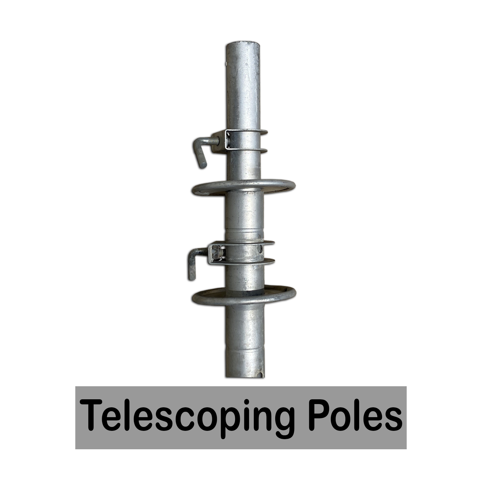 A close-up of a metal telescoping pole against a black background with the text "Telescoping Poles" at the bottom.
