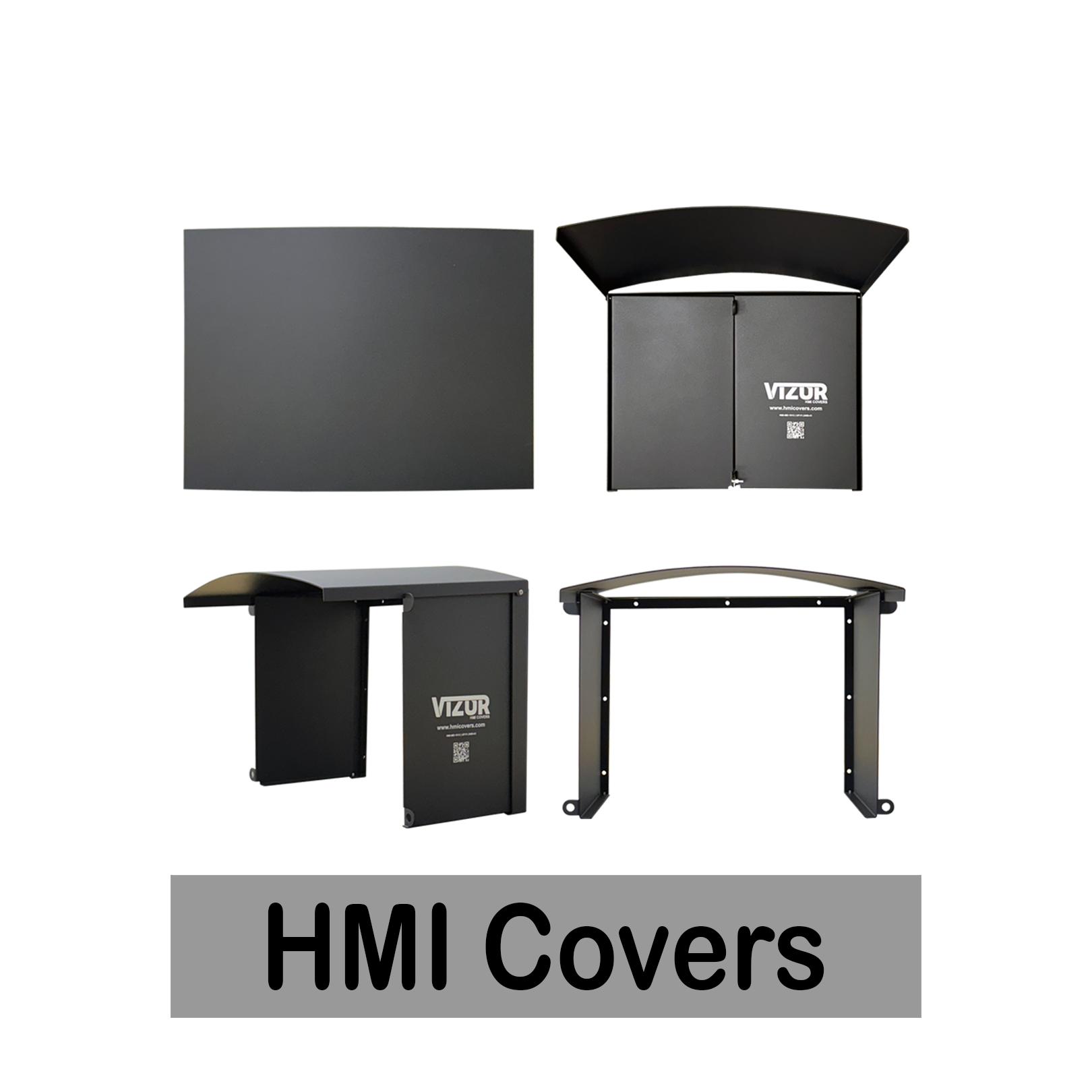 Various black HMI covers with the label 'VIZOR' and a QR code, arranged in different positions, with the text 'HMI Covers' at the bottom.