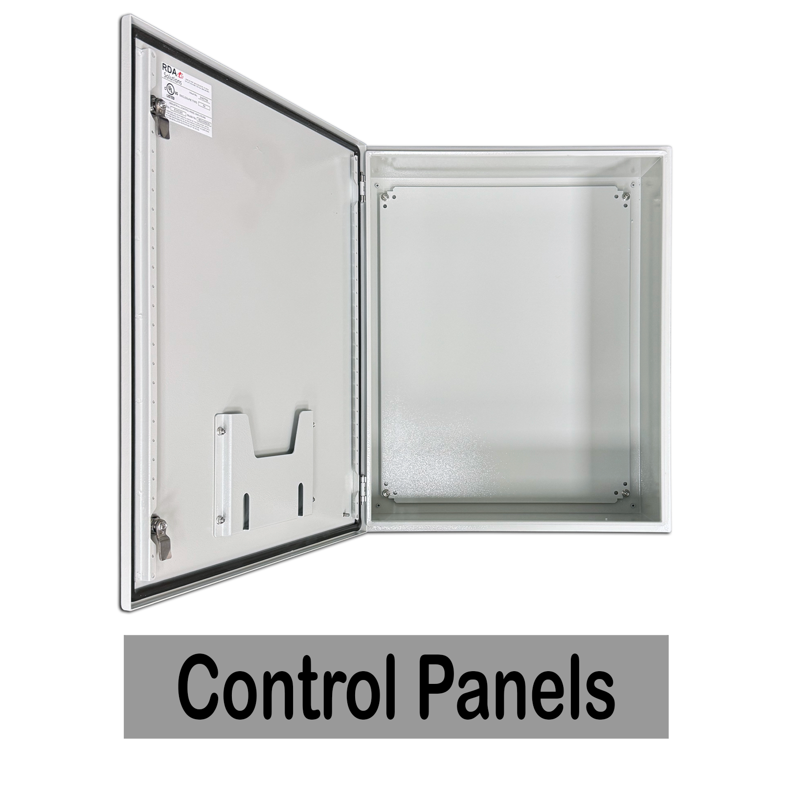 An open metal electrical control panel box with a gray interior and a label in the top left corner. Text at the bottom reads 'Control Panels'.