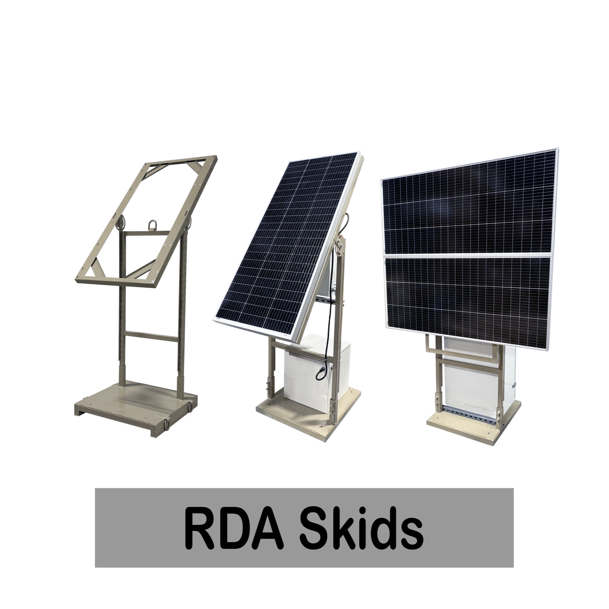 Three solar panel RDA Skids with different frame styles and a label reading "RDA Skids".