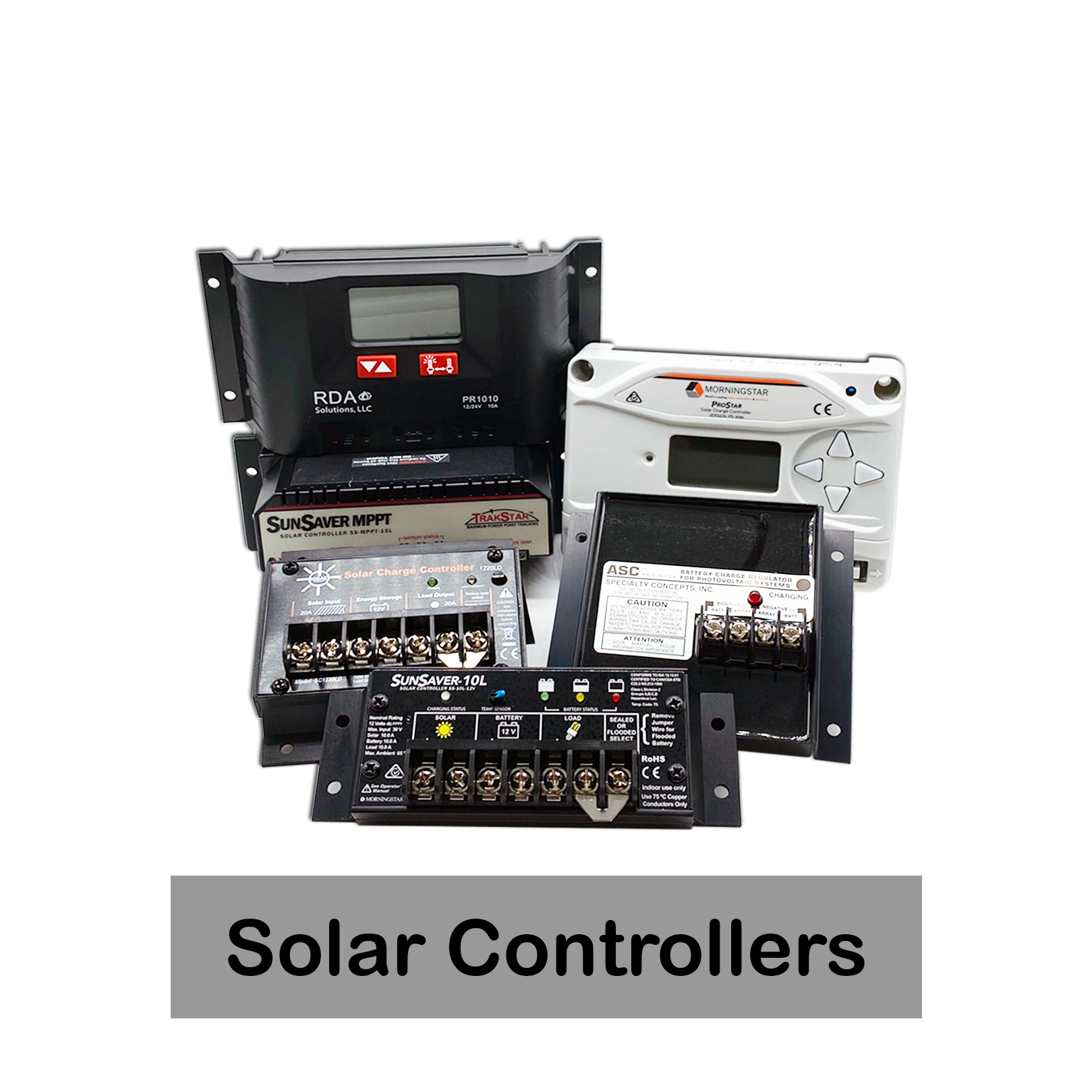 Collection of solar controllers and charge regulators on black background, with a label reading 'Solar Controllers'.