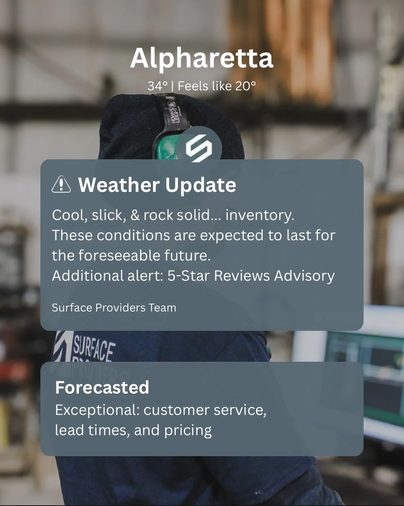 🚨 &ldquo;Weather&rdquo; Update! 

Be safe &amp; have a great rest of the weekend, friends! 

_____

📍SHOWROOM &amp; SLAB GALLERY:
845 McFarland Pkwy, Alpharetta, GA

FOR APPOINTMENTS:
&bull; Call: 470-354-3850
&bull; Email: info@surfaceproviders.co