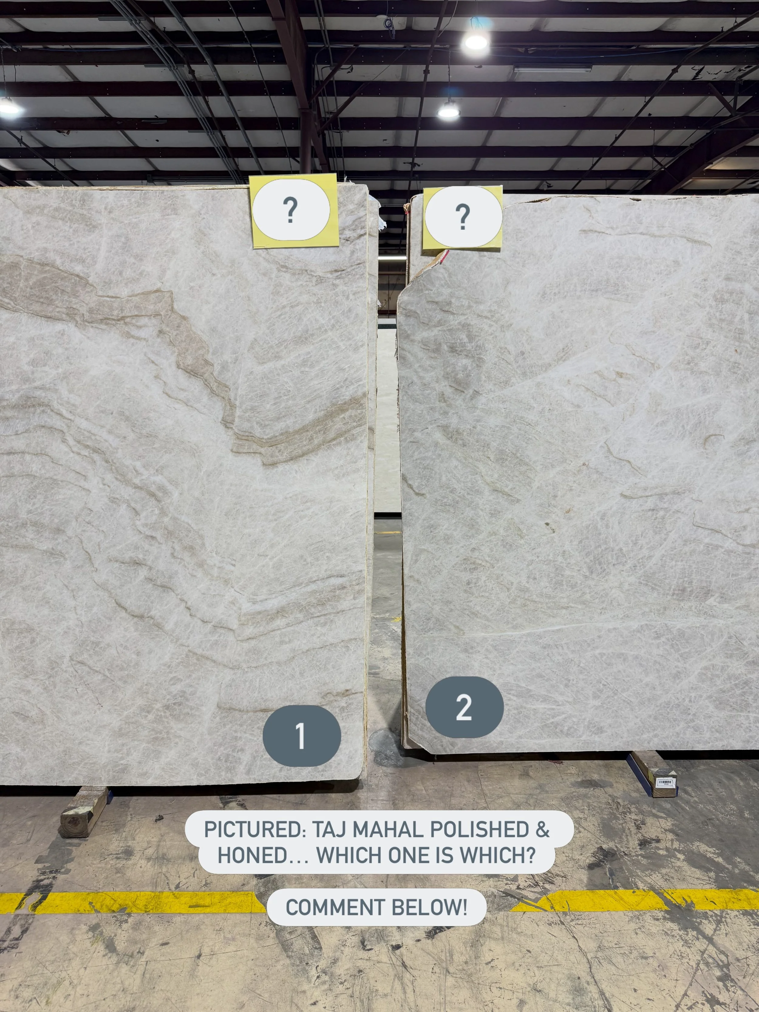 Pictured: Taj Mahal polished &amp; honed slabs&hellip; which one is which?!? Is Taj Mahal POLISHED 1 or 2? 

Comment below! ⬇️ 

__________

📍SHOWROOM &amp; SLAB GALLERY:
845 McFarland Pkwy, Alpharetta, GA

FOR APPOINTMENTS:
&bull; Call: 470-354-385