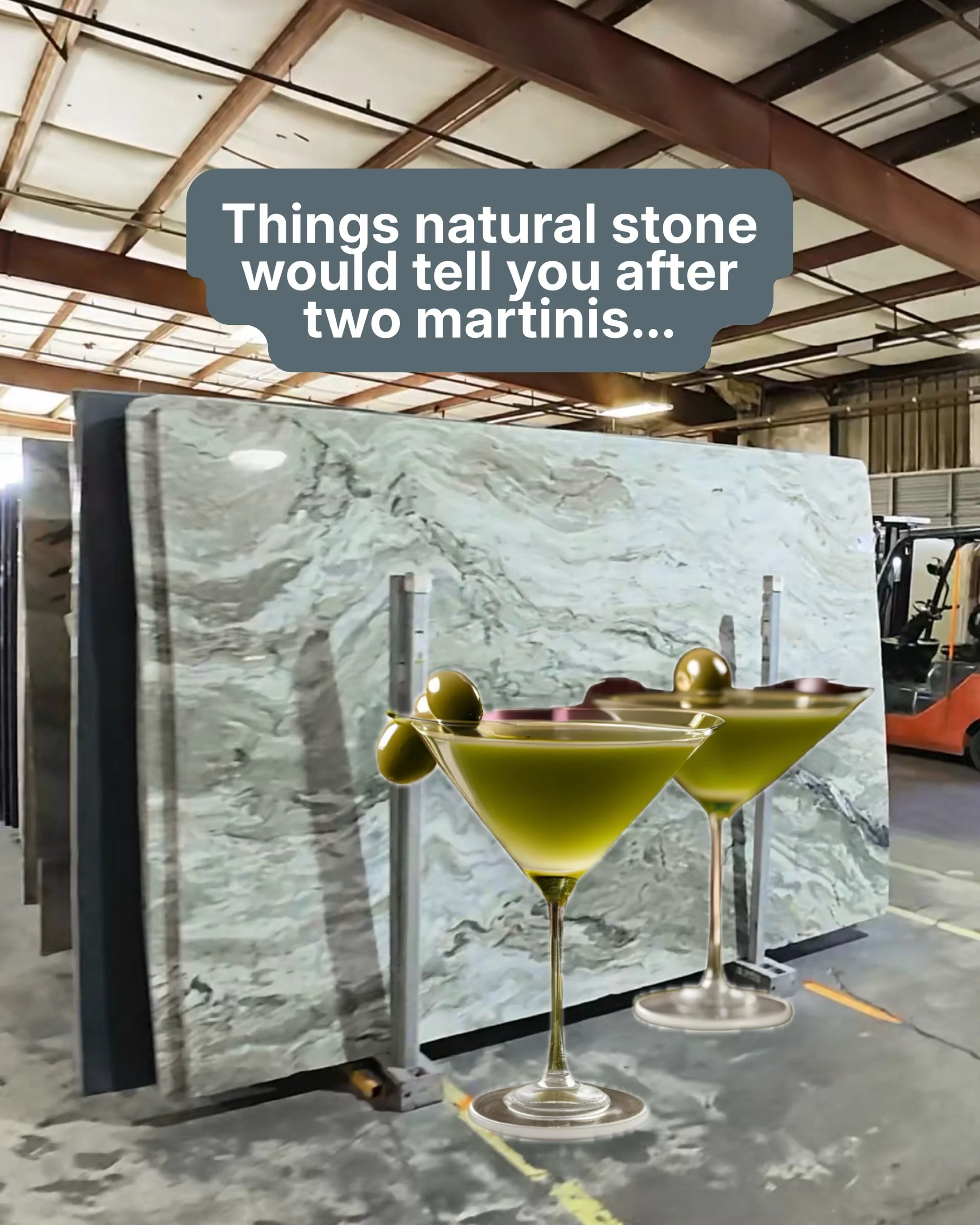 We gave natural stone two martinis &amp; apparently she had some things to get off her chest&hellip; 🍸🍸

Swipe at your own risk. ⚠️ 

__________

📍SHOWROOM &amp; SLAB GALLERY:
845 McFarland Pkwy, Alpharetta, GA

FOR APPOINTMENTS:
&bull; Call: 470-