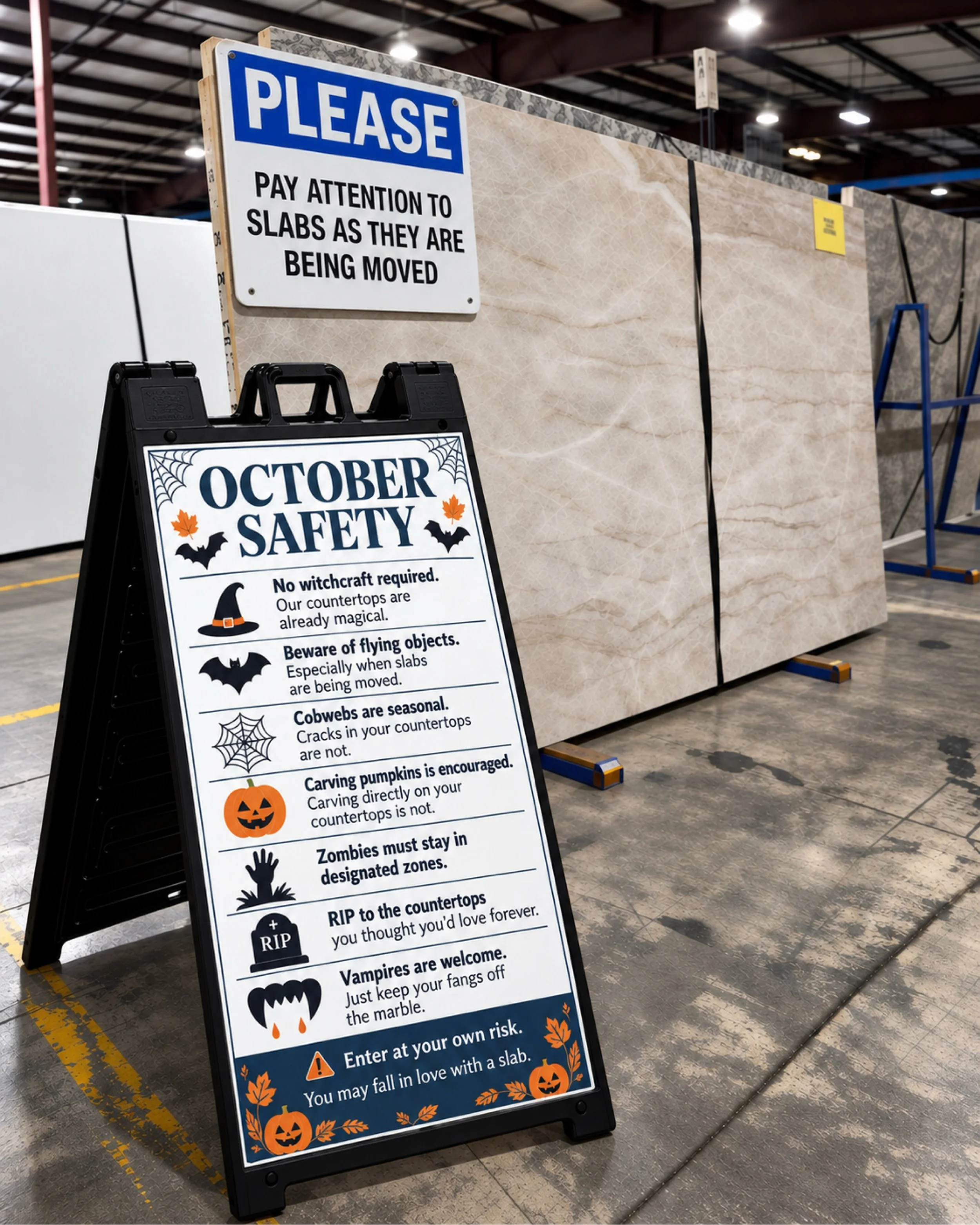Spooky season has officially entered the slab gallery. 👻🎃

We&rsquo;ve updated our October safety guidelines, and while we can&rsquo;t promise a ghost-free warehouse, we can promise some drop-dead gorgeous stone. 💀🪨

The good news: FALL-ing in lo