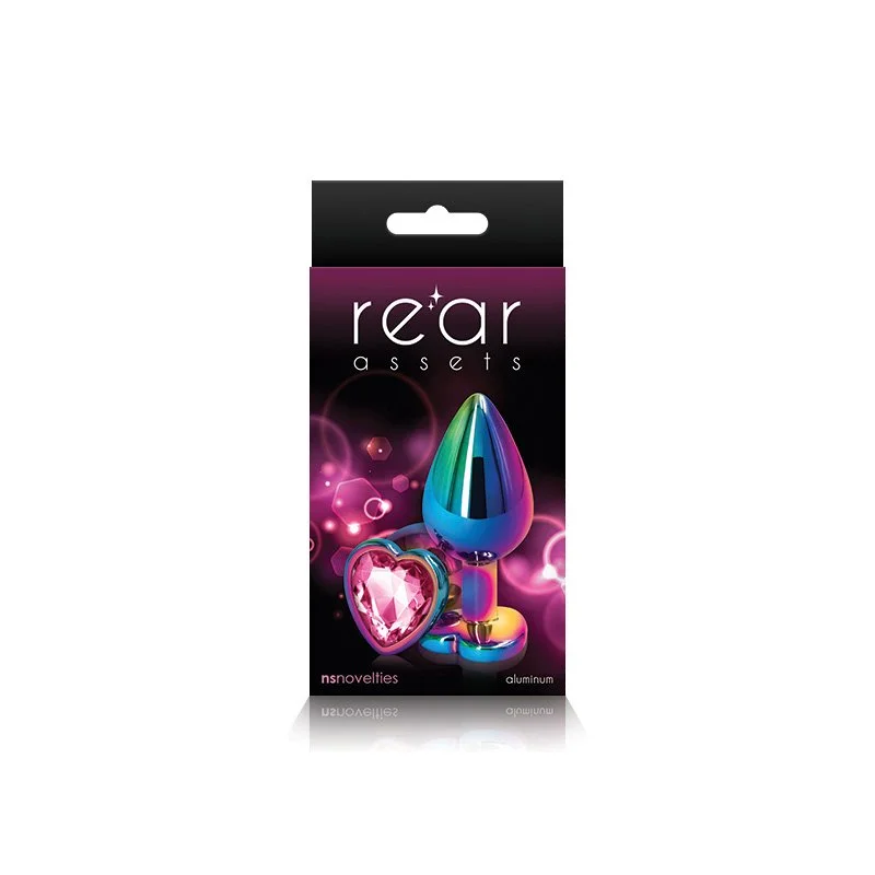 Purple box packaging showing item on front - Blue / Multicolor aluminum butt plug with heart-shaped base accented with pink jewel on bottom.