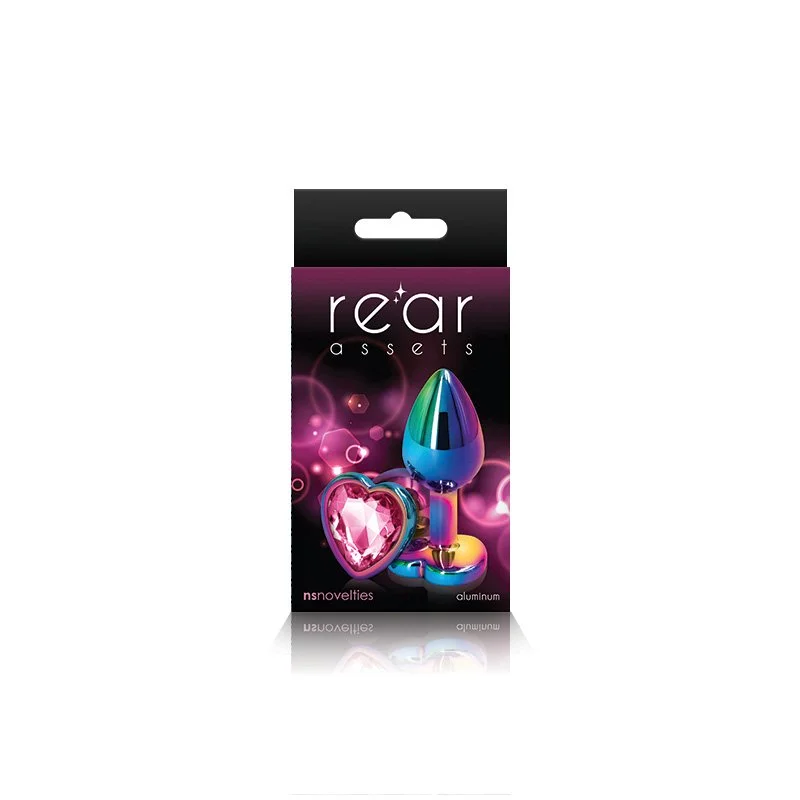 Purple box packaging showing item on front - Blue / Multicolor aluminum butt plug with heart-shaped base accented with pink jewel on bottom.