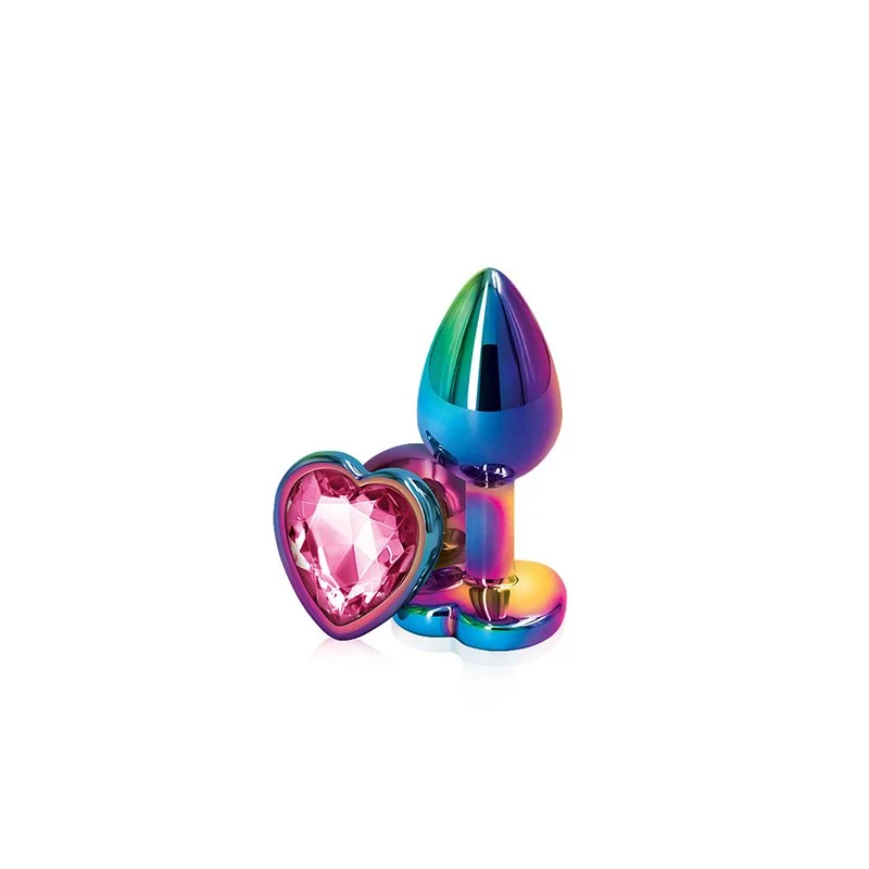 Blue / Multicolor aluminum butt plug with heart-shaped base accented with pink jewel on bottom.
