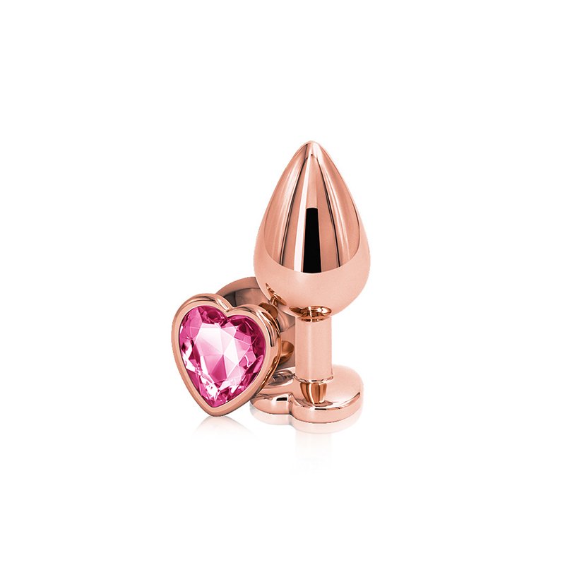 Rose gold aluminum butt plug with heart-shaped base accented with pink jewel on bottom.