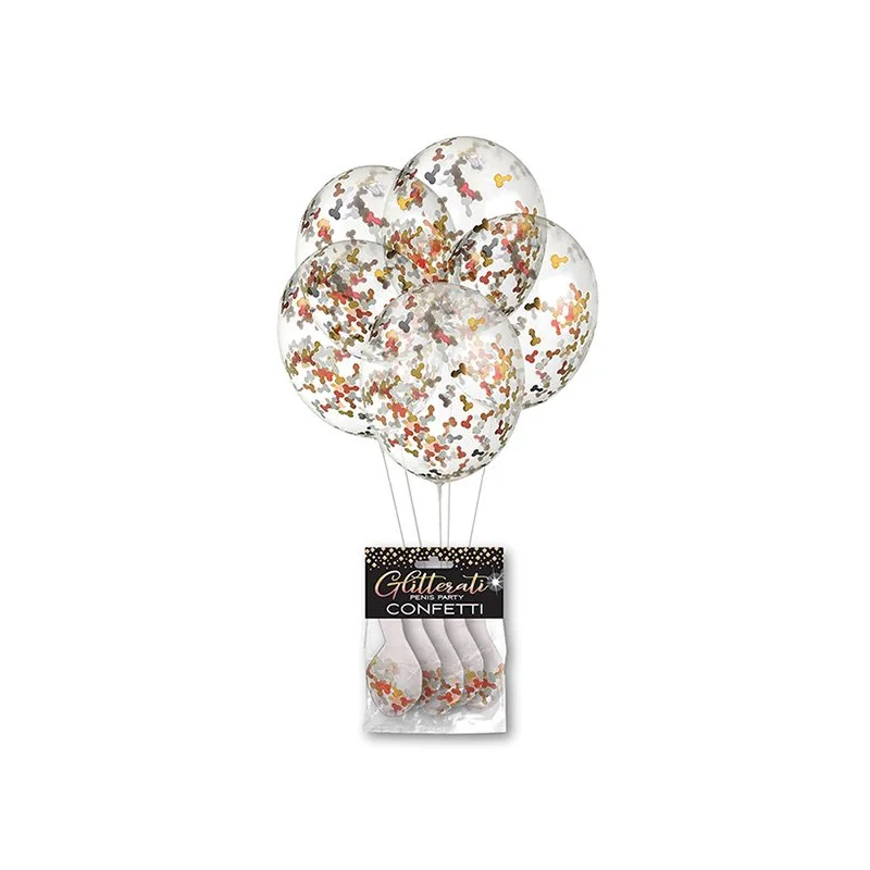 Clear balloons with gold, silver, rose gold and bronze penis-shaped confetti and black package header card