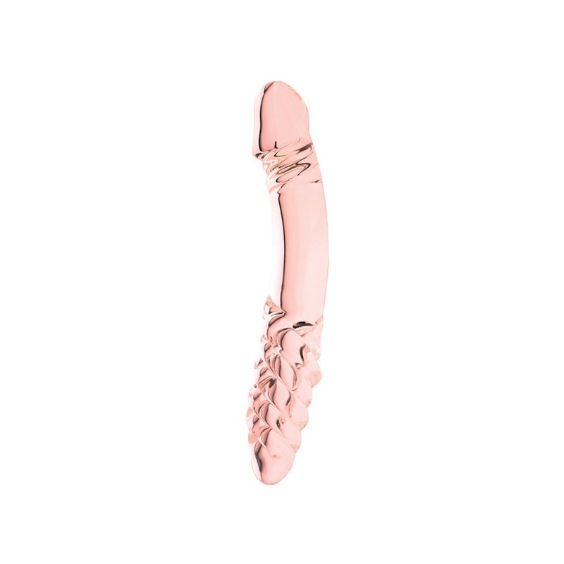 Double ended pink clear glass dildo with slight curve, one end phallic and slightly ridged under head, and one end phallic and twisted/ridged.