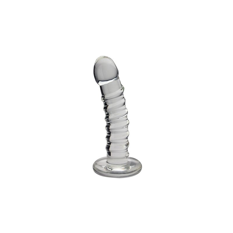 Lightly phallic, ridged and slightly curved clear glass dildo with flat circular base.