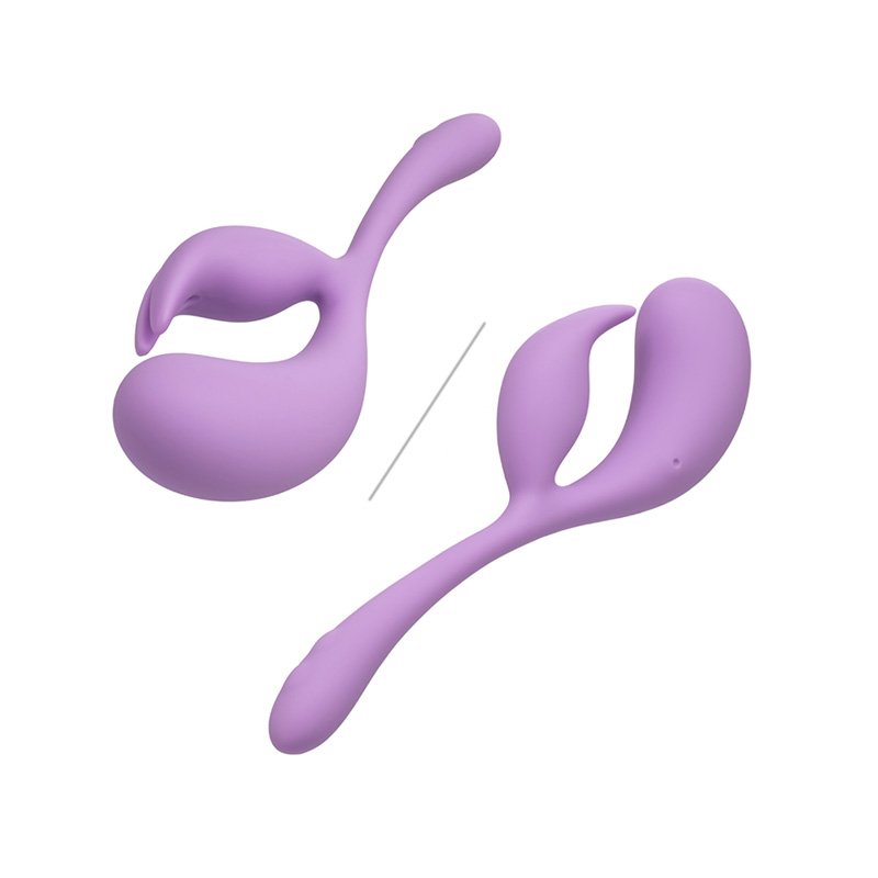 Slightly S-curved lavender dual stimulator vibe with slender lower 2/3 and bulbous top and clit stimulator with rabbit ears.