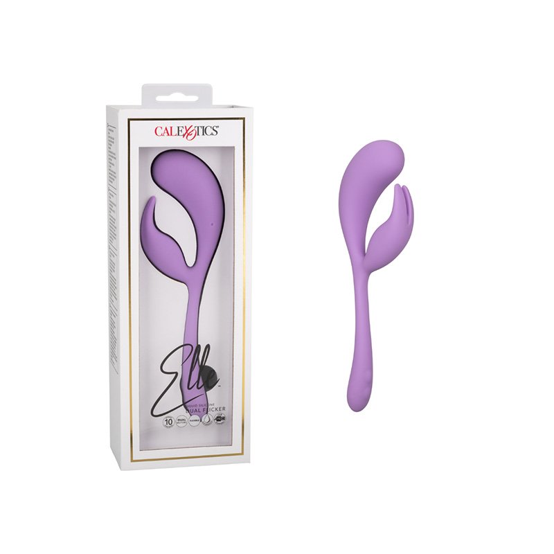 Slightly S-curved lavender dual stimulator vibe with slender lower 2/3 and bulbous top and clit stimulator with rabbit ears. Packaged in a white box.