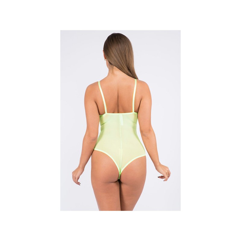 Sheer teddy with semi-thong back in a light lime green.