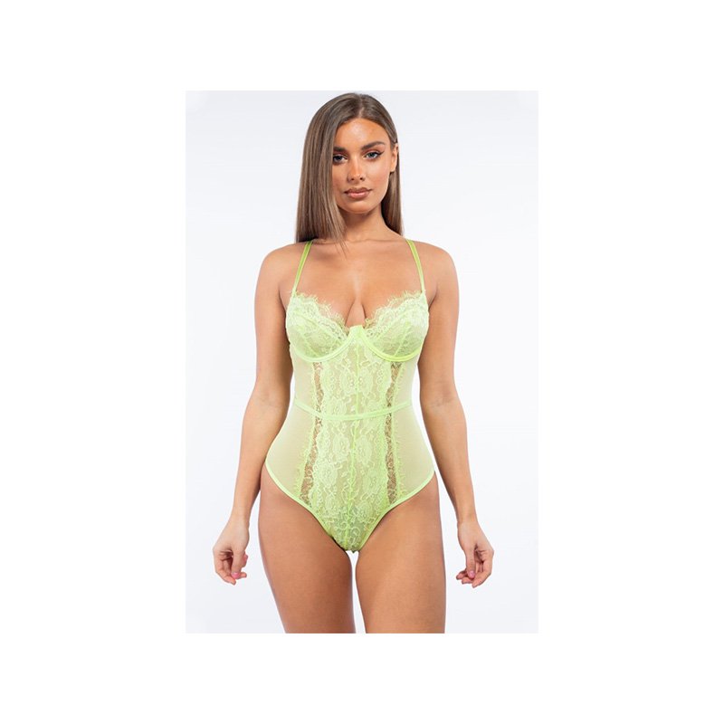 Sheer and lace trim, lace middle teddy in a light lime green.
