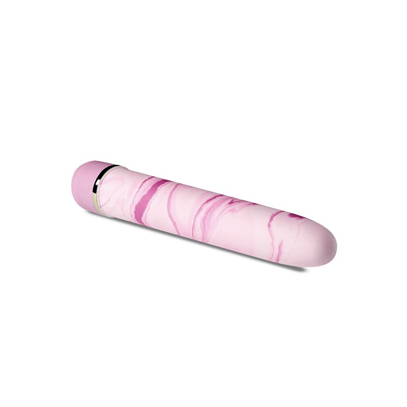 Vibe laying on its side at an angle pointing towards screen. Cylindrical vibe with tapered tip, light pink with dark pink marbling.