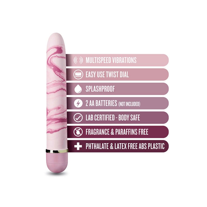 Cylindrical vibe with tapered tip, light pink with dark pink marbling and metallic style ring and pink cap at bottom. Features are listed in image (also included in product description).