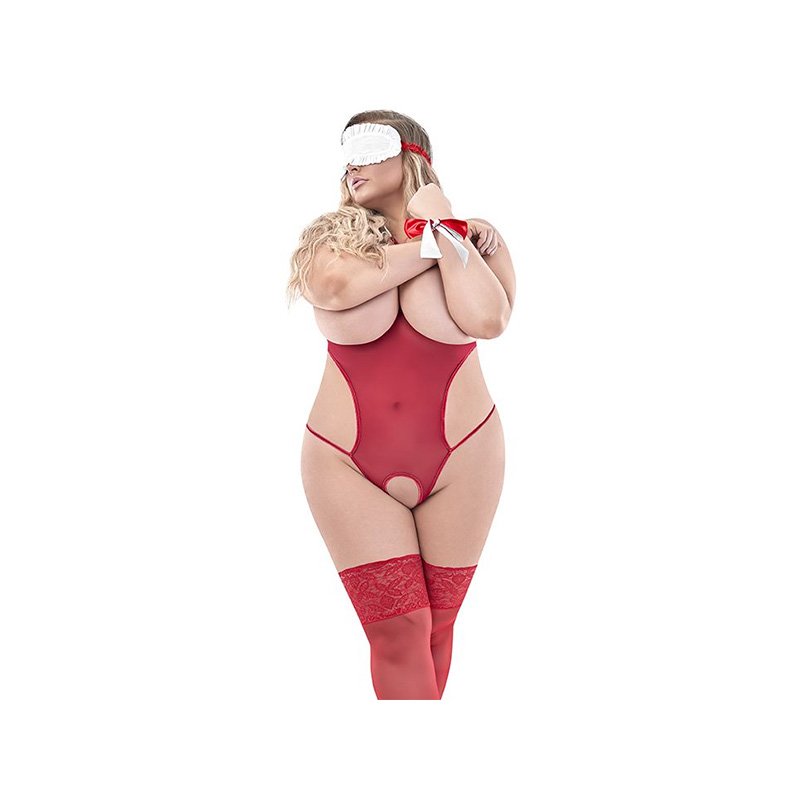 Plus size model wearing red sheer cupless and crotchless teddy with hip straps, wrists are tied with red and white sash, white ruffle trim blindfold over eyes.
