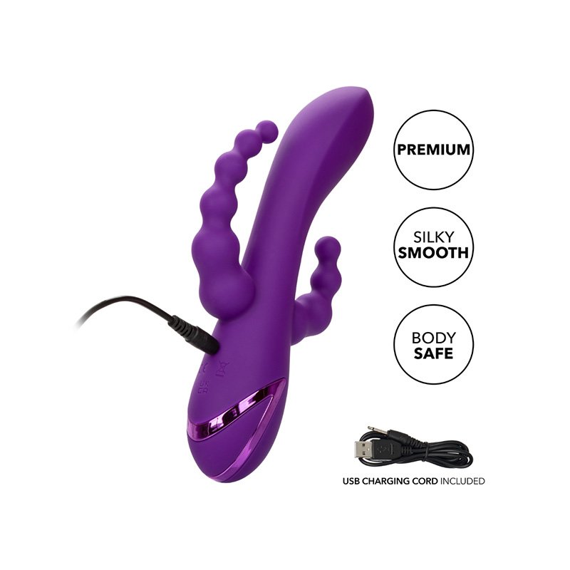 Item shown plugged into charger, USB/pin charger, list of features: premium, silky smooth, body safe.