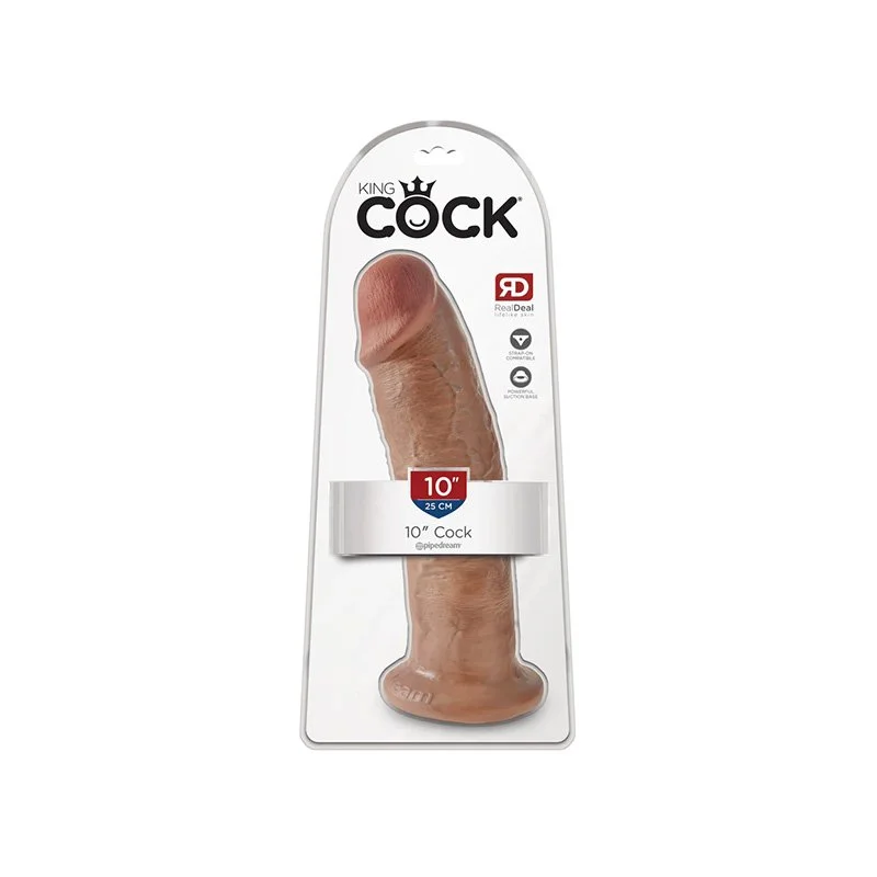 Large tan realistic dildo in clamshell packaging with white card.