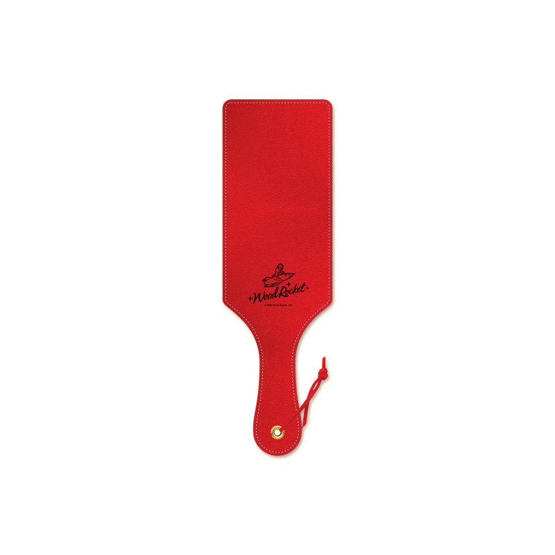 Back of paddle, red, rectangular, featuring Wood Rocket logo
