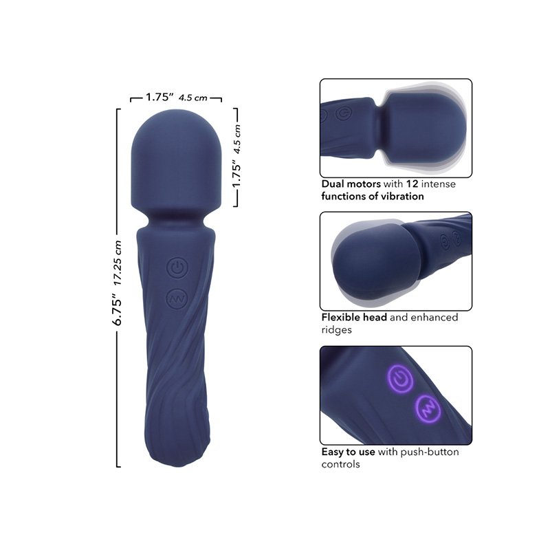 Dark blue body massager with twisted textured handle and bulbous head, shown with close-up pics and size info: 1.75 inches wide, 6.75 inches from end to end.