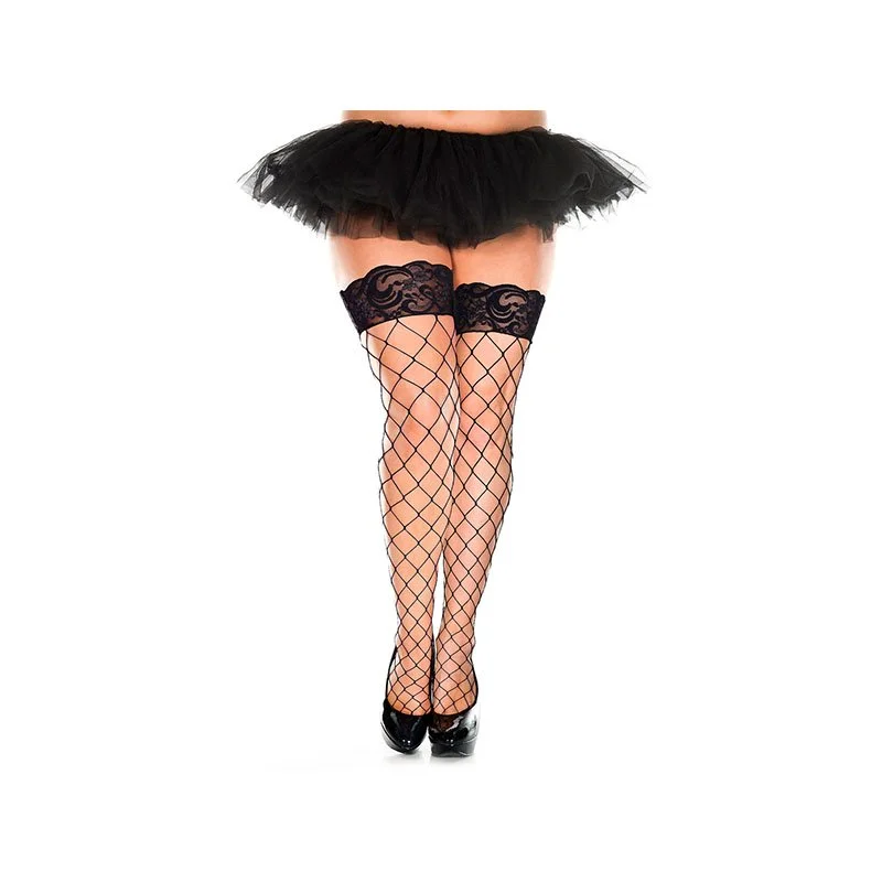 Fence Net Thigh High with Lace Top Plus - Available in Black or White