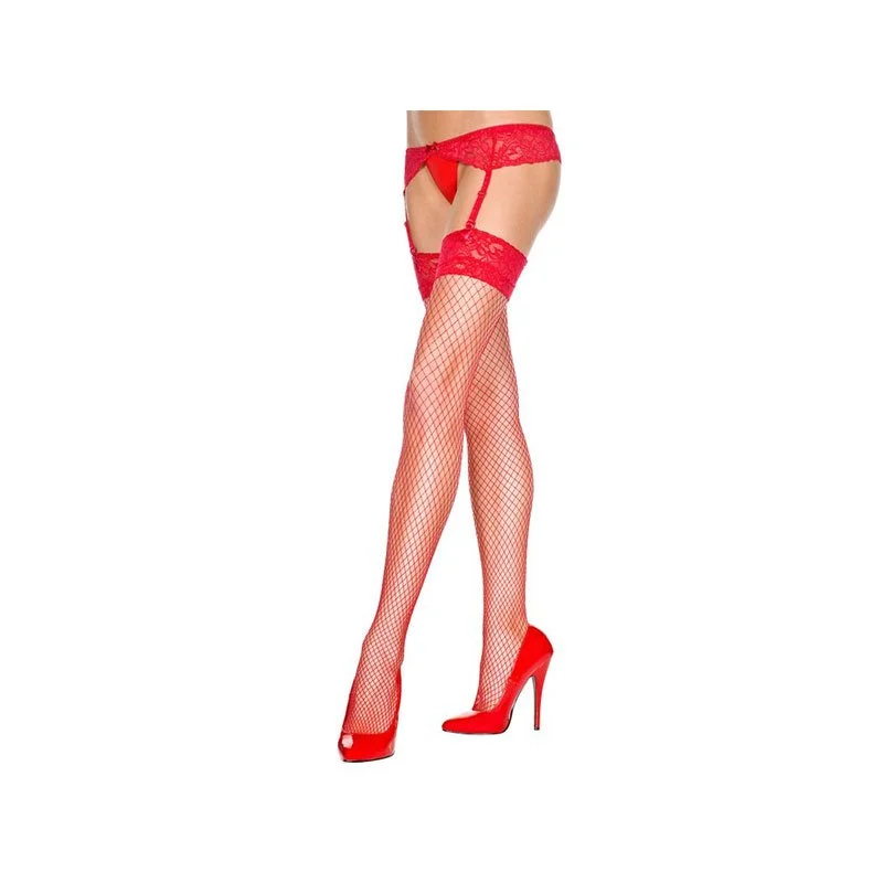 Diamond Net Thigh and Garter Belt Set - Red