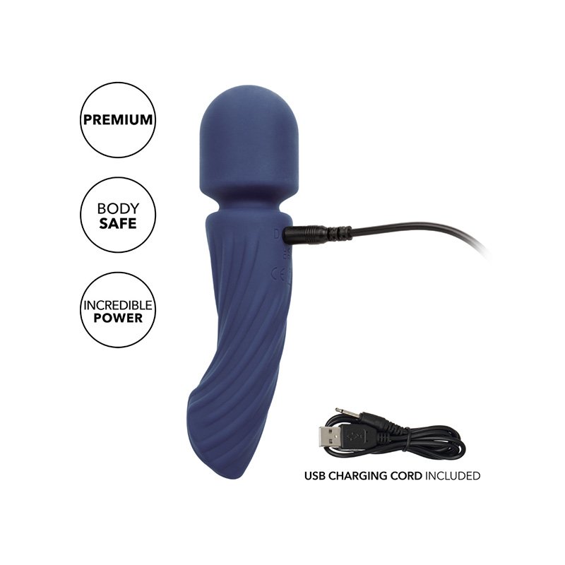 Dark blue body massager with twisted textured handle and bulbous head, shown with black charging cord plugged in.