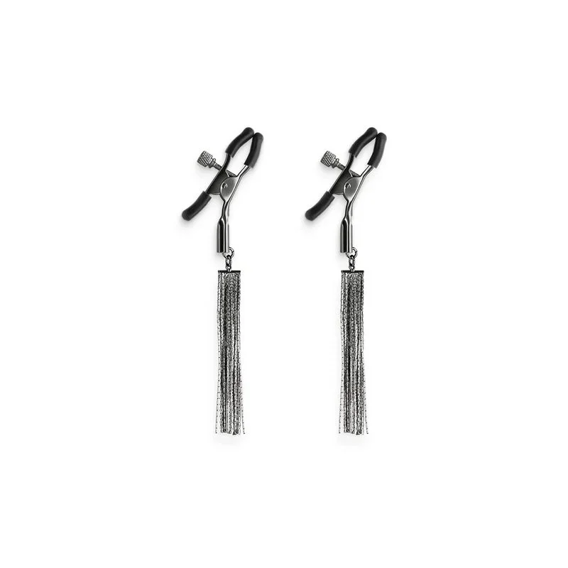 Pair of adjustable gunmetal grey nipple clamps with hanging chain tassels