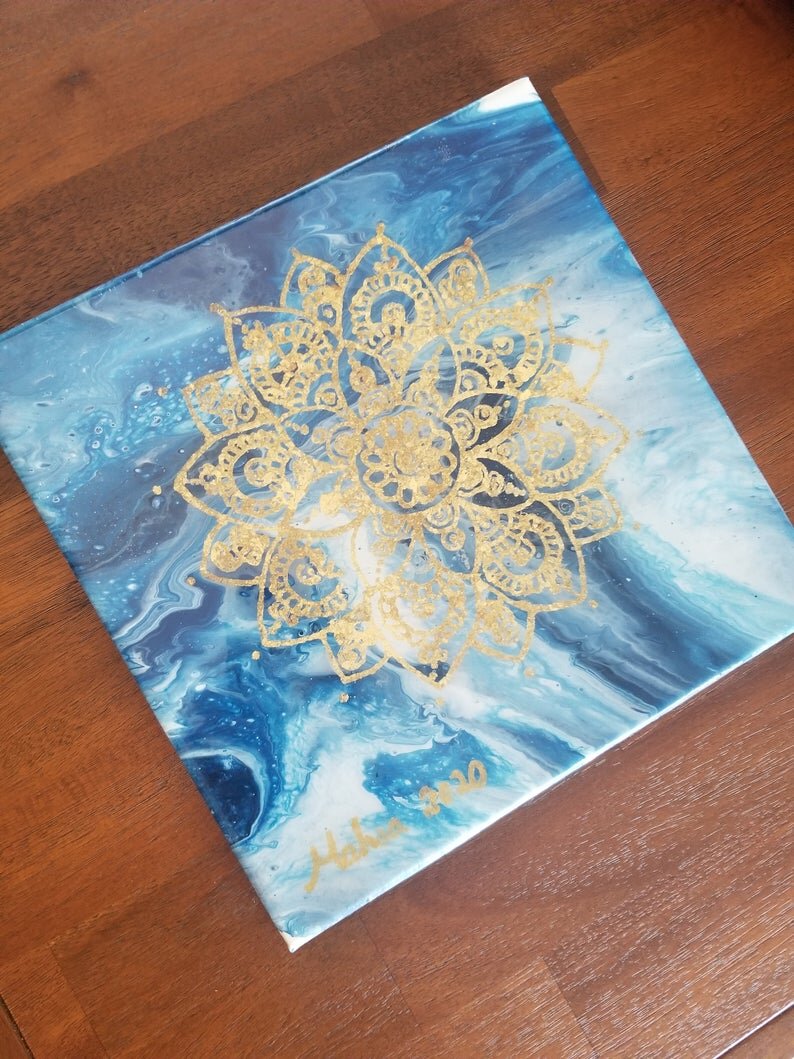 Mandala, Original Pour Painting With Gold Leaf Design