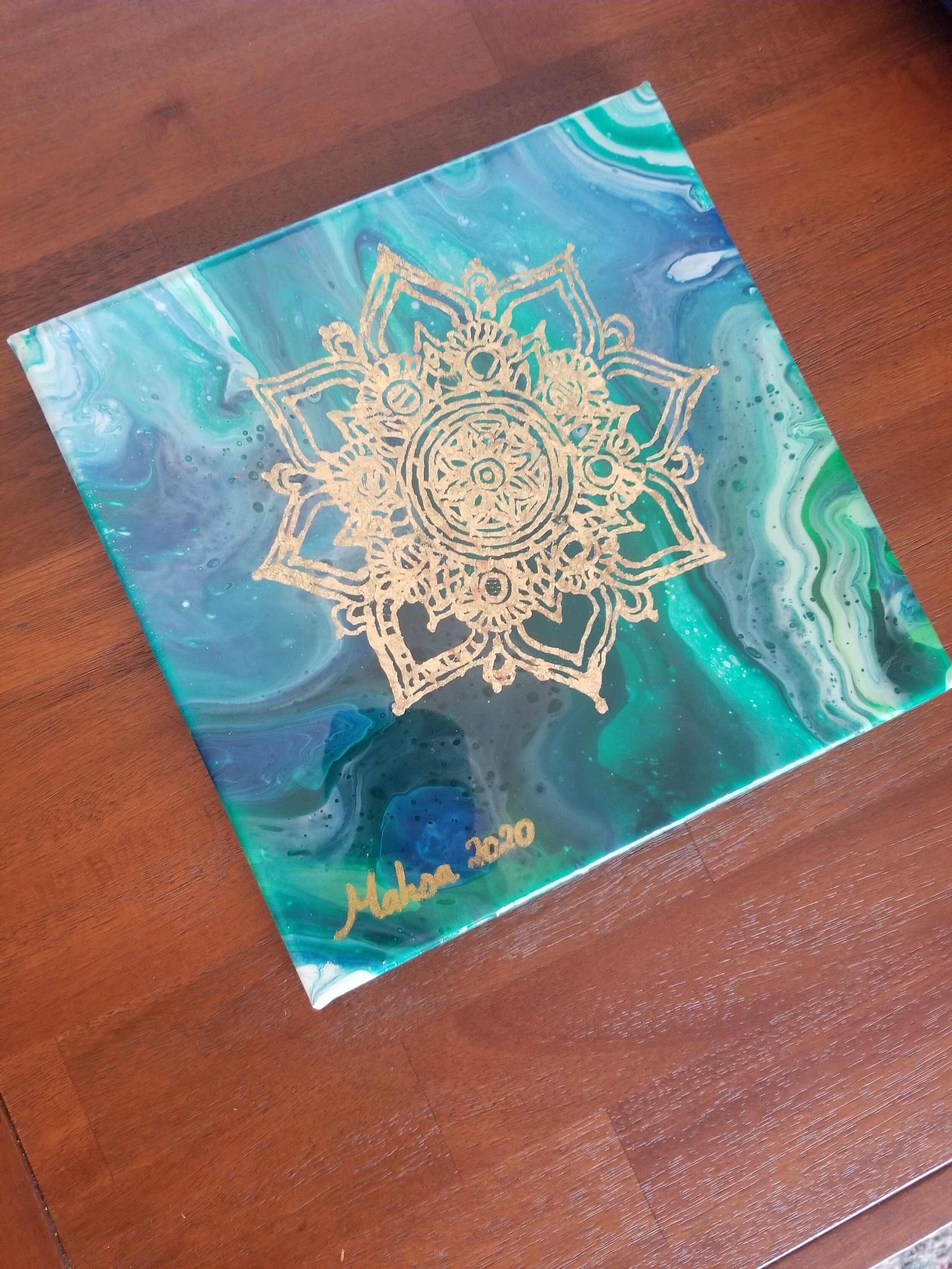 Mandala, Original Pour Painting With Gold Leaf Design