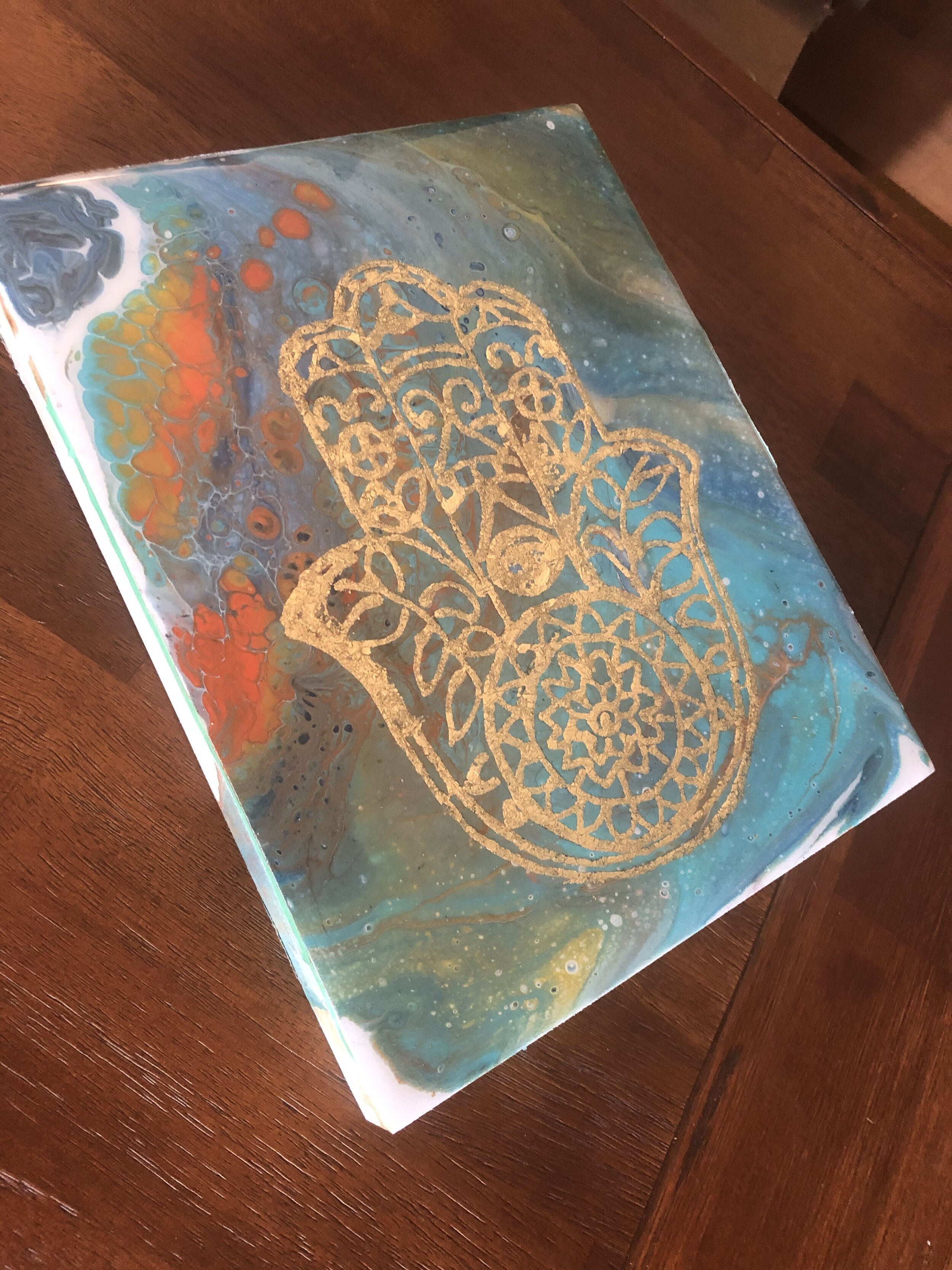 Hamsa, Original Pour Painting With Gold Leaf Design