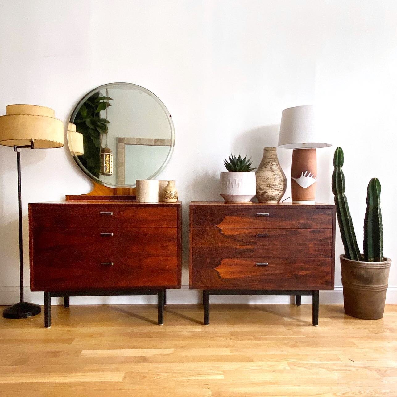 New storage pieces in the shop this week. A stunning pair of rosewood three drawer dressers made by Founders. $700 each. 36W x 18D x 30.25H

Round Deco Mirror SOLD
Midcentury Floor Lamp SOLD
Cactus $250