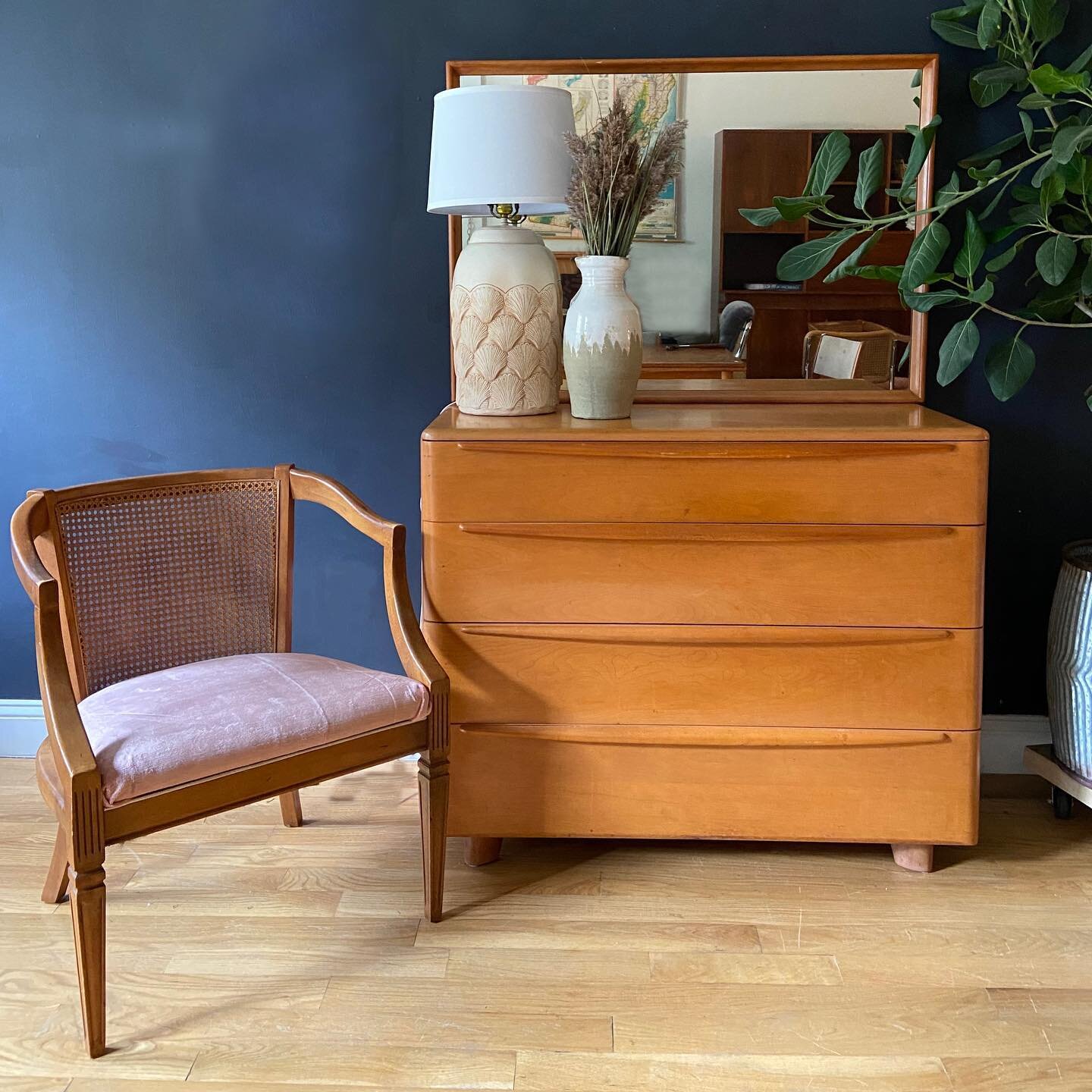 Can&rsquo;t resist the classic and clean lines of these Heywood Wakefield pieces. 

Wakefield dresser with mirror SOLD

Pink Velvet &amp; Cane Armchair SOLD
Shell Lamp $125