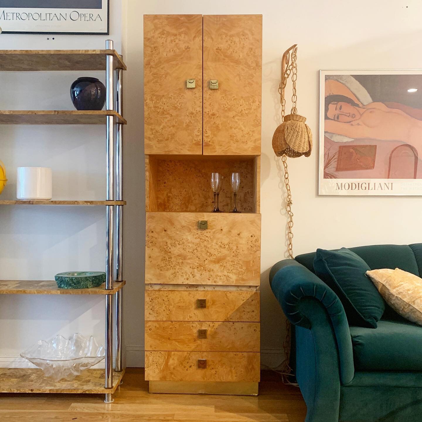 We&rsquo;ve got a few great burl pieces in this week. Made by Founders and marked 1978. 

Tall burl cabinet $750 (2 available) 78.5&quot;H x 24&quot; W x 15.5&quot; D
Chrome and burl laminate shelf $500 72&rdquo;Hx 36&rdquo;W x 12&quot;D