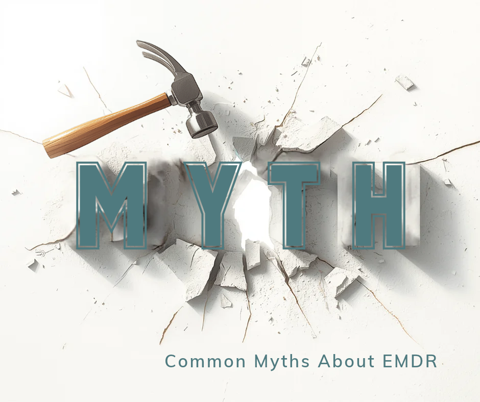 Hammer breaking the word MYTH, a graphic about common myths of EMDR therapy