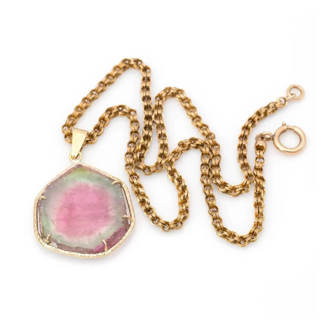 Hexagon Watermelon Tourmaline Pendant in 14 Karat Yellow Gold, $1,330 (originally $1,665)