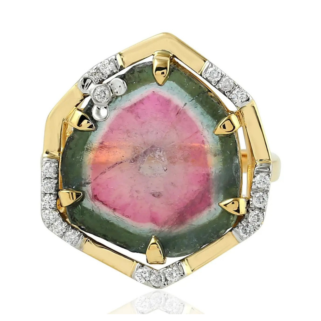 Meghna Jewels Watermelon Tourmaline Diamond 18 Karat Gold Ring, $5,700