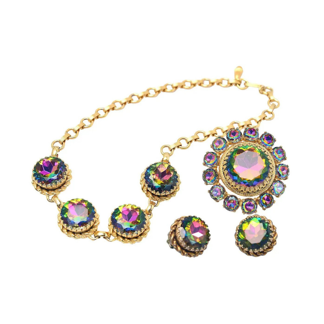 1950s Schiaparelli Watermelon Tourmaline Colored Rhinestone Full Parure, $875