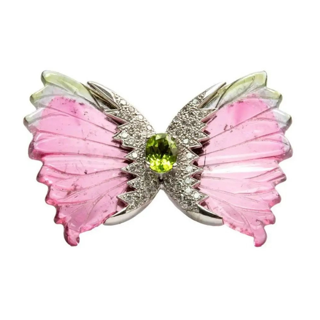Vintage Watermelon Tourmaline Diamond Gold Butterfly Brooch Pin, $4,500 (originally $6,750)