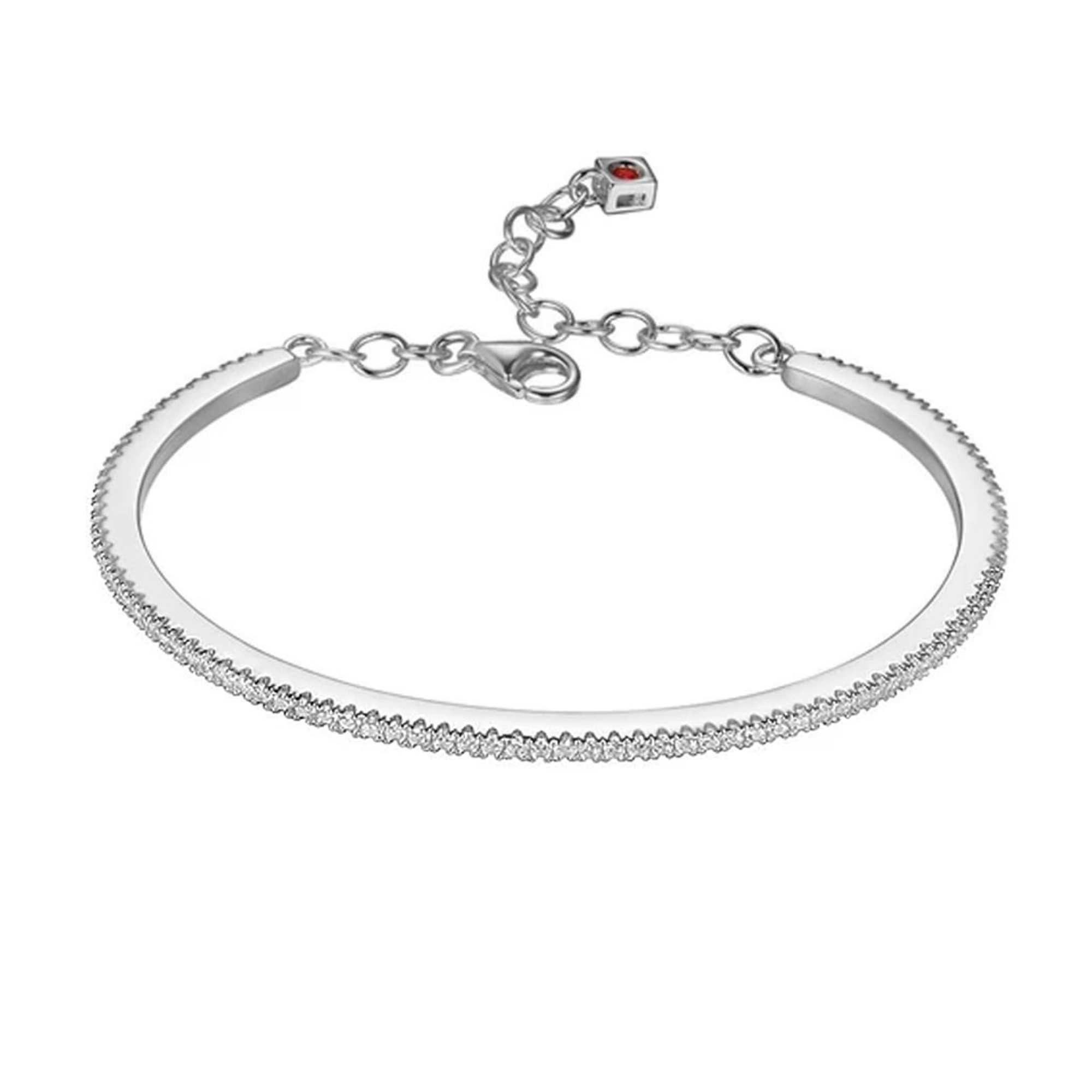 Elle CZ Cuff Bangle With Safety Chain and Ruby Logo, $145