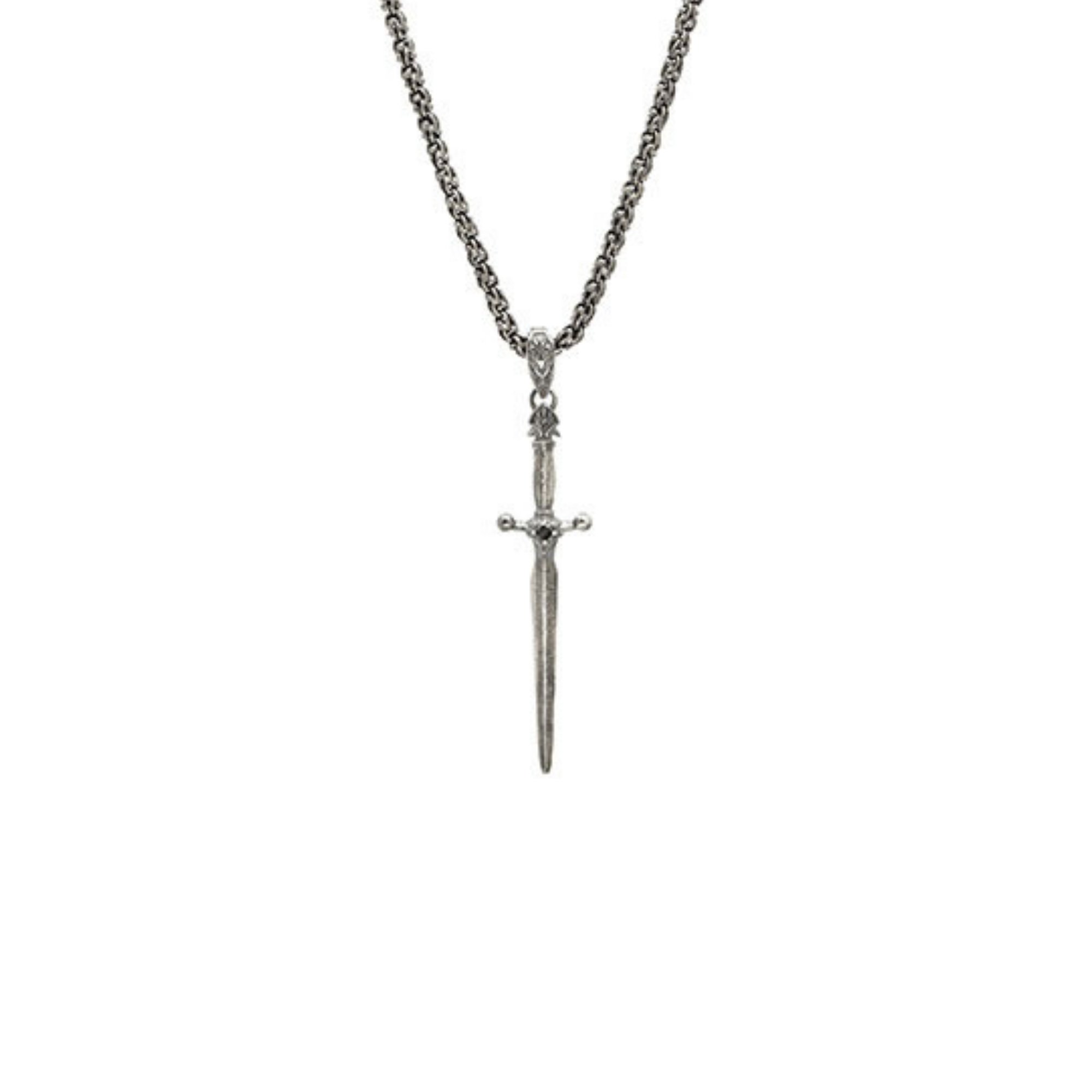 John Varvatos silver and black diamond “Skulls &amp; Daggers” pendant necklace, $858 at Bay Hill Jewelers