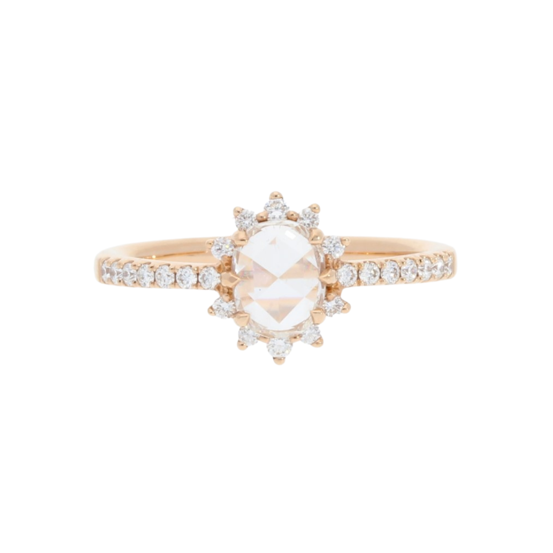 Wilson Diamonds 14k rose-gold ring with rose-cut diamond, starburst pavè halo, and diamond band, price upon request